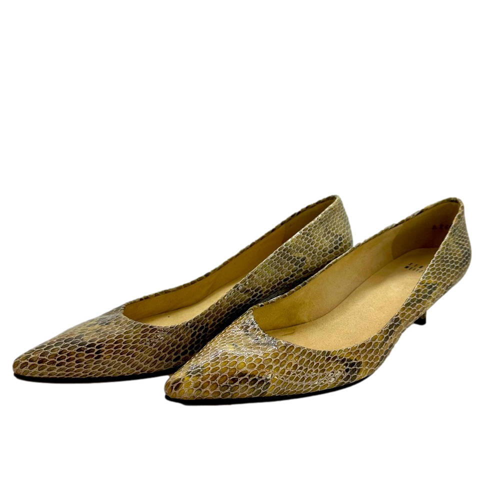 Stuart Weitzman Embossed Croc Leather Pumps Kitten Heel Pointy Toes Brown 9.5